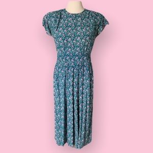 vintage blue and pink floral short sleeve lightweight long maxi dress